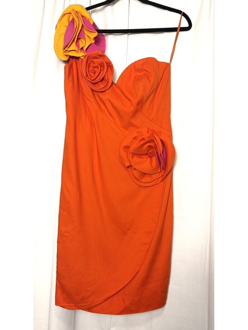 Vintage 1980s Carol Mignon One Shoulder Orange & Pink Floral Cocktail Dress US 8
